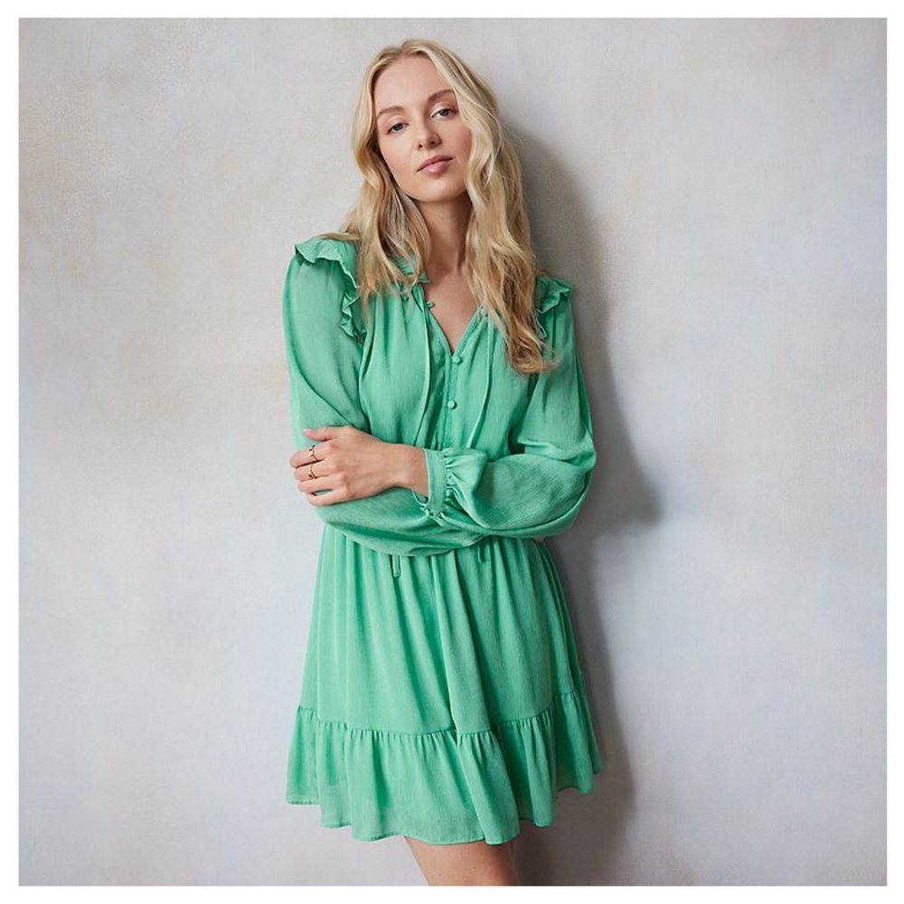 LC Lauren Conrad Ruffle NeckButton Front Mini Dress Mint Green (“Adel Blue”) XS